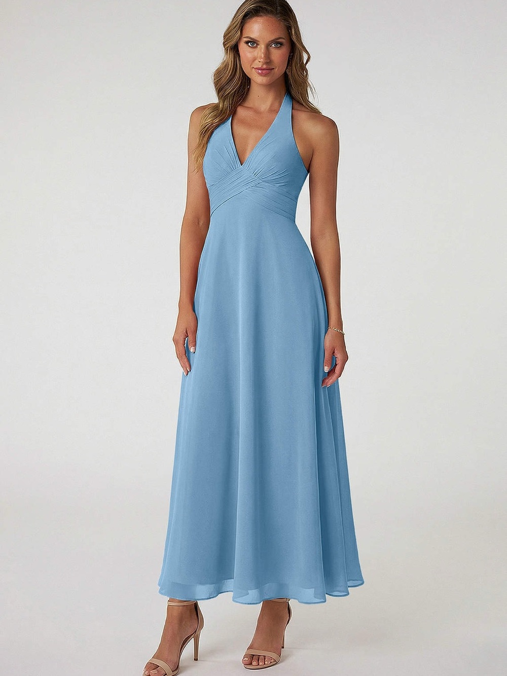 WORN ONCE - Azazie Steel Blue A-Line Pleated Chiffon Bridesmaid Dress